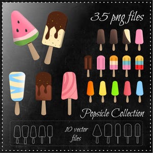 Puede incluir: Ilustraciones de paletas de helado coloridas sobre un fondo negro. La imagen incluye varios diseños de paletas, incluyendo sandía, cubiertas de chocolate y patrones de rayas. El texto dice "35 png files" y "Popsicle Collection".