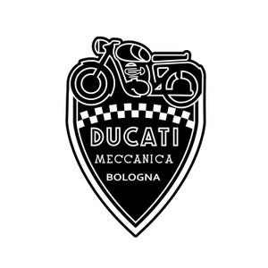 May include: Black and white logo for Ducati Meccanica Bologna. The logo features a vintage motorcycle with a chequered flag design and the text "DUCATI MECCANICA BOLOGNA".