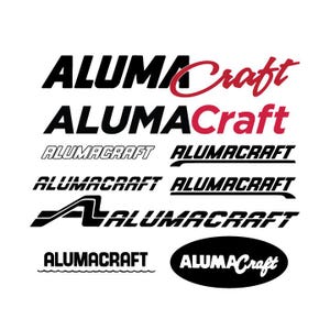 May include: A collection of black and white logos with the text "ALUMA Craft" in various styles and fonts. Some logos include a red "Craft" and a wave design.