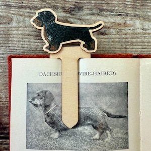 Peut inclure: Marque-page en bois représentant un teckel noir et marron. Le marque-page est inséré dans un livre avec du texte sur les teckels. Un accessoire charmant pour les amateurs de livres et de chiens.