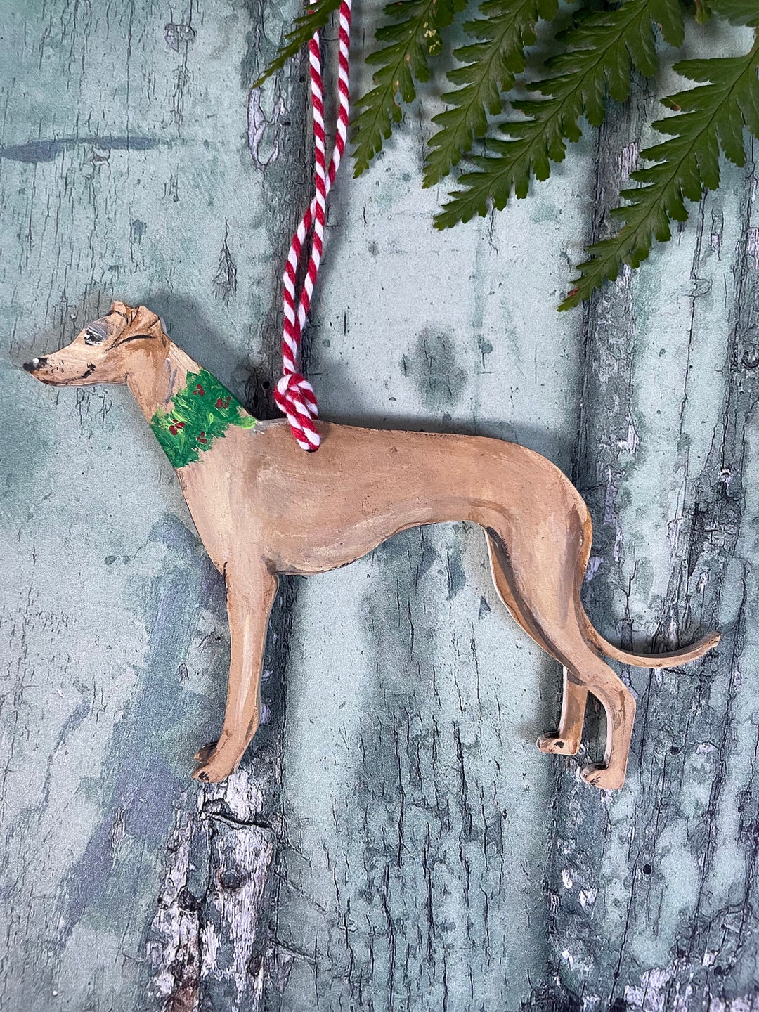 Whippet Handpainted Christmas Portrait Decoration, Whippet Christmas
