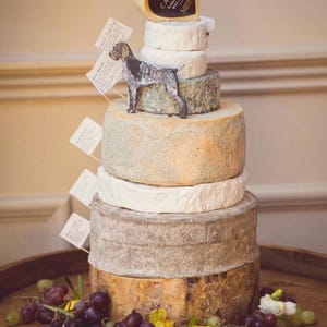 May include: A tiered cheese display resembling a cake, featuring various cheese wheels and a heart-shaped cheese at the top. A paper cutout of a dog stands on one layer. Grapes and flowers surround the base on a wooden tray.