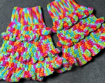 Rainbow Ruffle Leg Warmers | Festival Outfit | Pride Clothing | Kawaii Leg Warmers | Rave Accessories | Colorful Fairycore Handmade Legwear