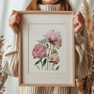 Peony and Freesia Print / Limited Edition Botanical Giclée Print / Wall Art / Watercolour Painting / Watercolor Mounted Print / Home Decor image 1