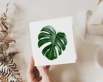 Monstera Leaf Card, Flower Greeting Card, Gift card, Blank inside, Botanical Square Card, Fine Art Cards, Peonies and Freesias