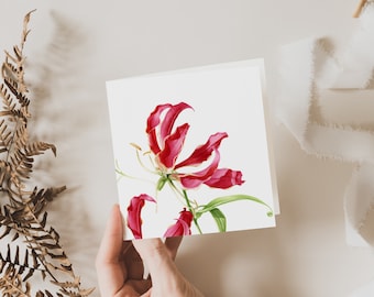 Flame Lily Card, Flower Greeting Card, Gift, Blank inside, Botanical Square Card, Fine Art Cards