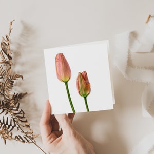 Tulpenkaart, bloemwenskaart, cadeau, blanco binnenin, botanische vierkante kaart, Fine Art-kaarten