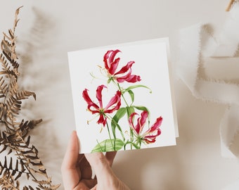 Flame Lily Card, Flower Greeting Card, Gift, Blank inside, Botanical Square Card, Fine Art Cards