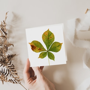 Paardenkastanje blad kaart, blad wenskaart, cadeau, blanco binnenin, botanische vierkante kaart, Fine Art kaarten