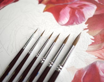 May include: Six artist paint brushes with dark brown handles and silver ferrules are arranged diagonally across a white surface with a watercolor painting of pink and red flowers. The brushes have varying tip sizes.