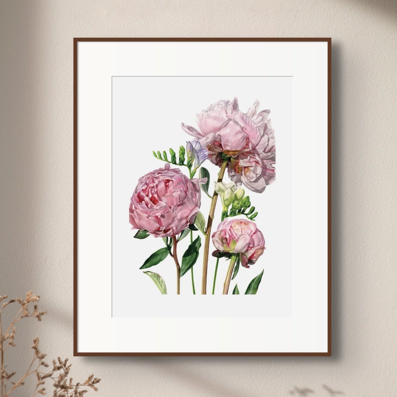 Peony and Freesia Print / Limited Edition Botanical Giclée Print / Wall Art / Watercolour Painting / Watercolor Mounted Print / Home Decor image 4