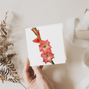 Tarjeta Gladioli, Tarjeta de felicitación de flores, Tarjeta de regalo, Interior en blanco, Tarjeta cuadrada botánica, Tarjetas de bellas artes,