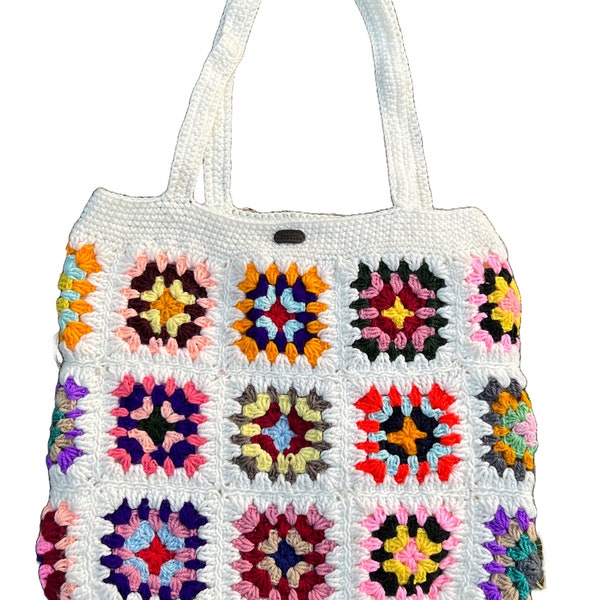 Sac grand-mère carré au crochet, sac fourre-tout, sac à bandoulière, sac fourre-tout au crochet, sac de plage au crochet, sac fourre-tout carré grand-mère au crochet fait main