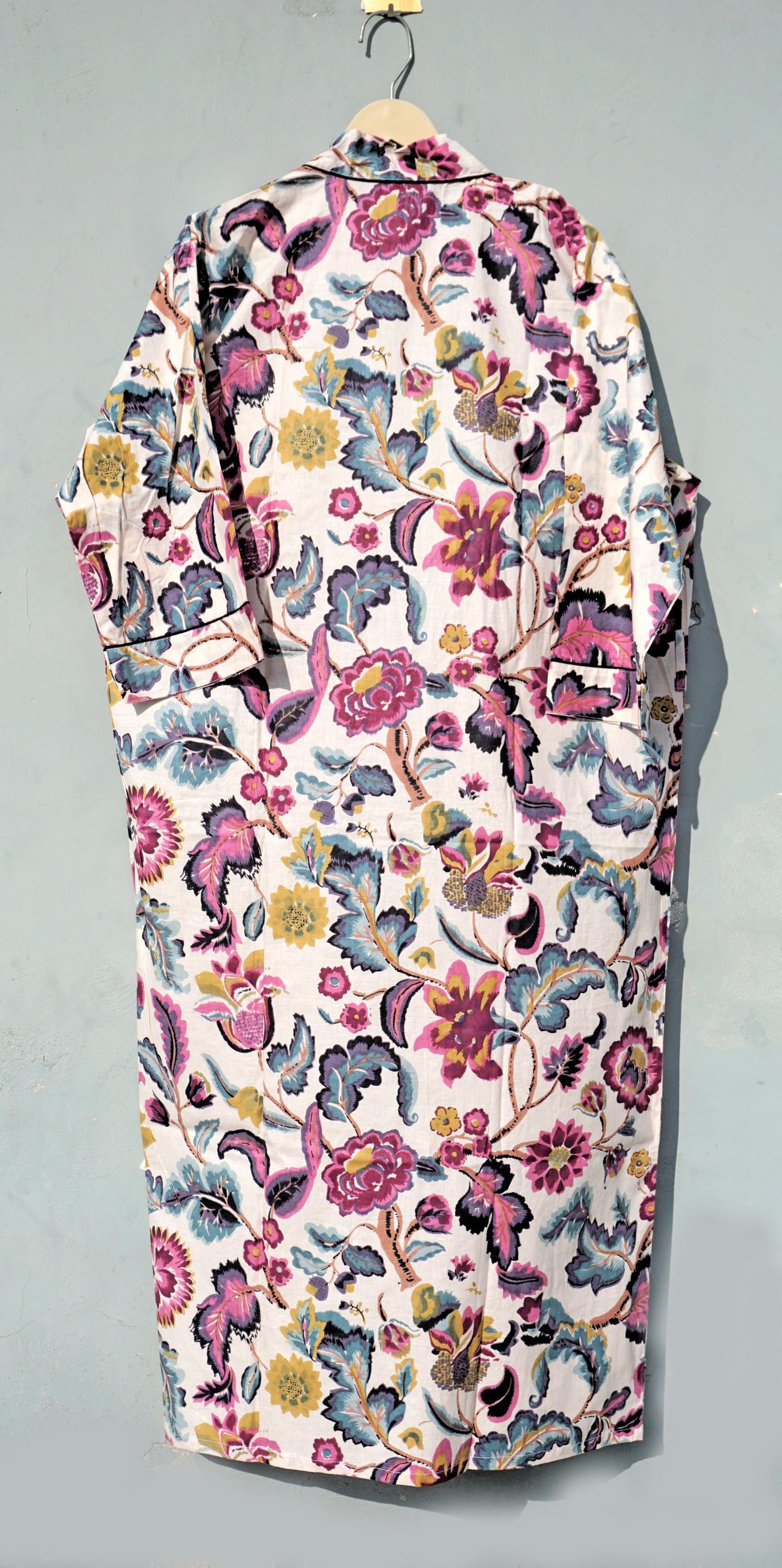 Abito kimono in cotone con stampa floreale indiana, vestaglia, kimono hippie Boho, abito giapponese, accappatoio, abito avvolgente, kimono da spiaggia, abito kimono - Italia