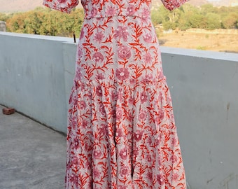 Hand Block Printed Cotton Midi Dress | Floral Puff Sleeve Boho Summer Dress