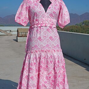 Pink Hand block Printed Cotton Tier Dress with Waist Tie-Up