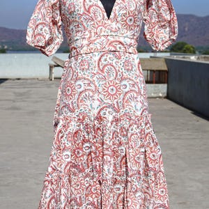Hand Block Printed Cotton Dress – Puff Sleeves & Tiered Skirt | Red Floral Boho Midi Dress