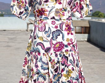 Boho Floral Puff Sleeve Cotton Midi Dress Multicolor Vintage Print