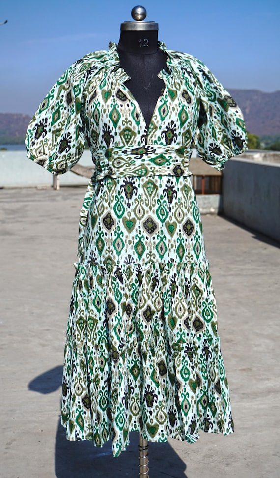 green ikat dress Handmade Ikat Print Cotton Dress – Puff Sleeves & Tiered Midi Skirt