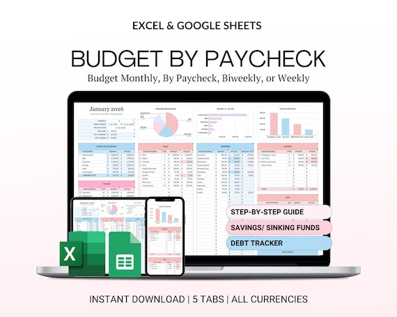 Budget By Paycheck Google Sheets Spreadsheet Excel Monthly Budget Paycheck Budget Budgeting Paycheck Expense Tracker Financial Planner