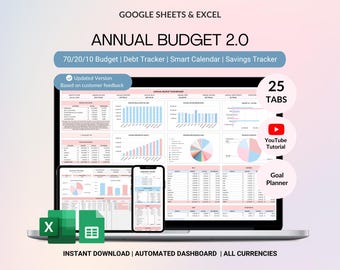 Hoja de cálculo de presupuesto anual, Hojas de cálculo de Excel, Plantilla de presupuesto de Google, Seguimiento de presupuesto mensual, Planificador financiero, Seguimiento de facturas, Seguimiento de ahorros y deudas.