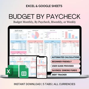 Budget By Paycheck Google Sheets Spreadsheet Excel Monthly Budget Paycheck Budget Budgeting Paycheck Expense Tracker Financial Planner