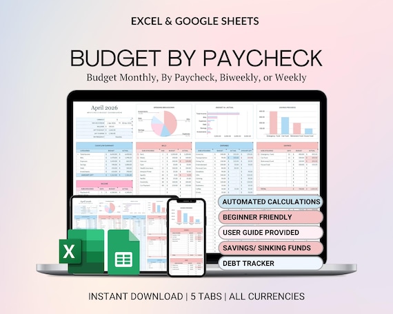 Budget By Paycheck Google Sheets Spreadsheet Excel Monthly Budget Paycheck Budget Budgeting Paycheck Expense Tracker Financial Planner
