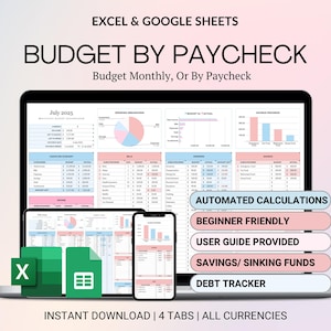 Budget By Paycheck Google Sheets Spreadsheet Excel Monthly Budget Paycheck Budget Budgeting Paycheck Expense Tracker Financial Planner