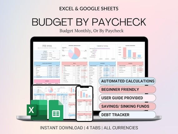 Budget By Paycheck Google Sheets Spreadsheet Excel Monthly Budget Paycheck Budget Budgeting Paycheck Expense Tracker Financial Planner