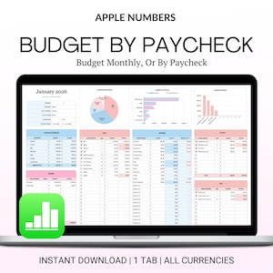 May include: A laptop screen displaying an Apple Numbers budget spreadsheet titled BUDGET BY PAYCHECK. The interface includes tables for income, expenses, and savings, with charts, a pie graph, and the text January 2026. The Apple Numbers icon is visible.