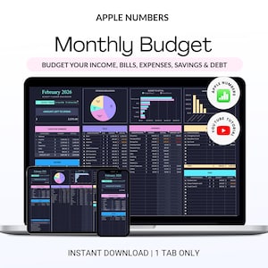 May include: A digital monthly budget planner for Apple Numbers displayed on a laptop, tablet, and smartphone. The interface features dark mode with pink and blue accents, including pie charts, bar graphs, and tables for income, bills, expenses, savings, and debt. Text includes APPLE NUMBERS, Monthly Budget, and BUDGET YOUR INCOME, BILLS, EXPENSES, SAVINGS & DEBT.