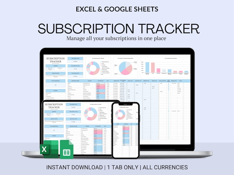 Subscription Tracker, Google Sheets & Excel Template (digital Download ...