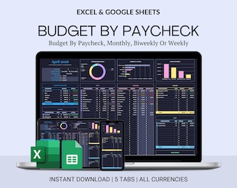 May include: A digital budget tracker template for Excel and Google Sheets titled Budget By Paycheck. The interface displays financial data, charts, and tables on a laptop, tablet, and smartphone screen with dark backgrounds and colorful data points.