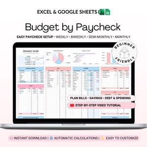May include: A laptop screen displaying a Budget by Paycheck spreadsheet for Excel and Google Sheets. The interface features pink and blue tables for income, bills, expenses, savings, and debt, with charts and a Beginner Friendly badge included.