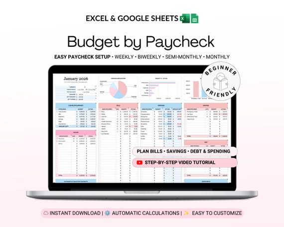 Budget By Paycheck Google Sheets Spreadsheet Excel Monthly Budget Paycheck Budget Budgeting Paycheck Expense Tracker Financial Planner