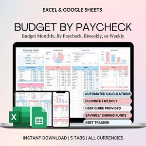 Budget By Paycheck Google Sheets Spreadsheet Excel Monthly Budget Paycheck Budget Budgeting Paycheck Expense Tracker Financial Planner