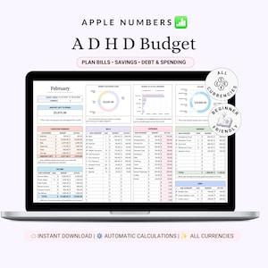 Può includere: Uno schermo di computer portatile che mostra un modello di foglio di calcolo Apple Numbers ADHD Budget. L'interfaccia include sezioni per bollette, risparmi, debiti e spese con grafici e tabelle colorati. Testo: "APPLE NUMBERS", "ADHD Budget", "PLAN BILLS • SAVINGS • DEBT & SPENDING".