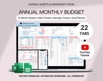 Modèle de budget annuel (Excel, Google Sheets) - Suivi budgétaire mensuel - Planificateur financier - Suivi des factures - Suivi des économies et des dettes