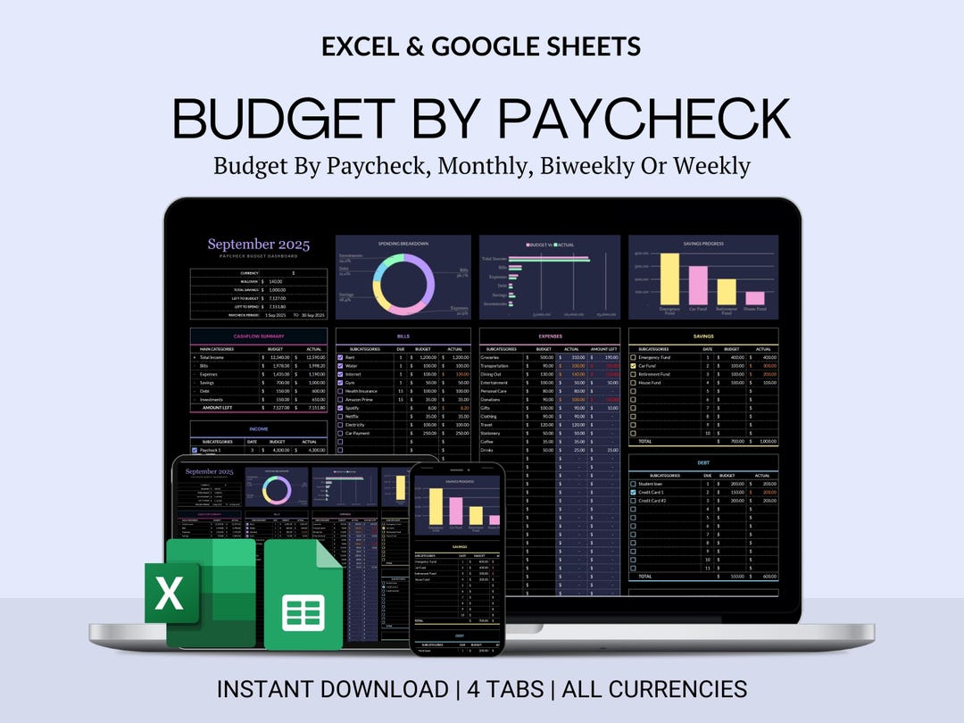 Budget by Paycheck Google Sheets Spreadsheet Excel Monthly Budget ...