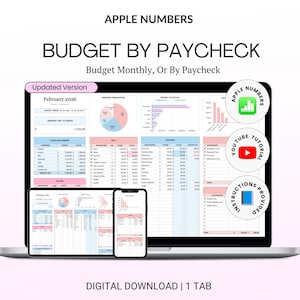 Peut inclure: Un modèle de planificateur budgétaire numérique pour Apple Numbers intitulé Budget by Paycheck, affiché sur un ordinateur portable, une tablette et un smartphone. L'interface présente des tableaux, graphiques et données financières roses et bleus.