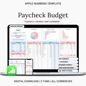 May include: An Apple Numbers template for a Paycheck Budget displayed on a laptop, tablet, and smartphone screen. The digital spreadsheet features tables for bills, savings, debt, and spending, including pie charts and bar graphs in pink and blue.