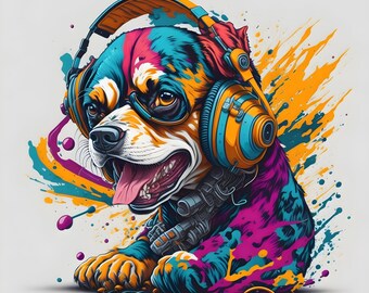 Abstract Dog with Headphones - Digital Art Print