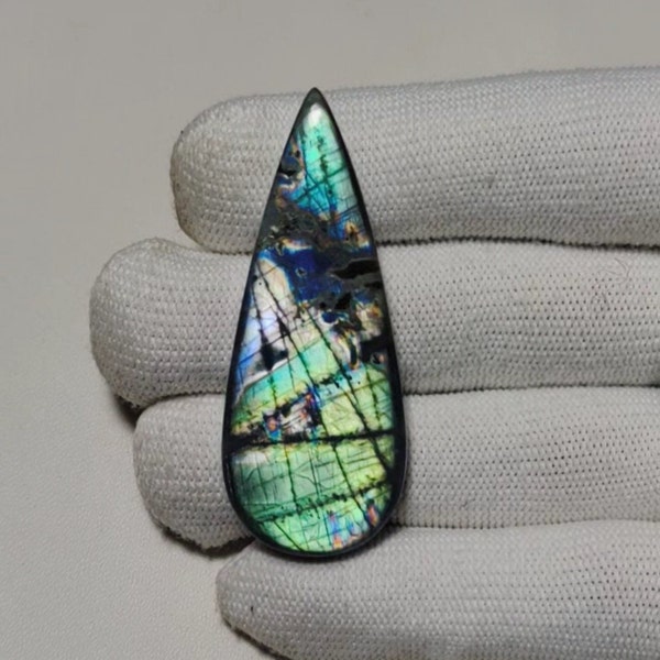 Very And Rare AAA+ Quality Sea Green Flash Spectrolite Labradorite Cabochon Pear Shape 56×22×7MM 79 Ct Best For Jewellery Making!!