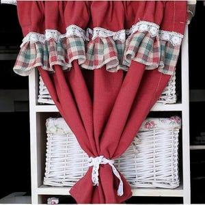 Cafe Curtains Retro Red Lattice Linen & Cotton, Short Curtains with Ruffles, Plaid Half Curtains for Living Room and Kitchen, Rural, Cottage