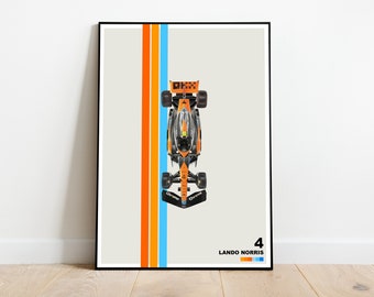 Peut inclure: Une affiche représentant une vue de dessus d'une voiture de course de Formule 1 aux accents orange et noir. La voiture roule sur une piste avec des bandes orange, jaunes et bleues. Le numéro "4" et le nom "LANDO NORRIS" sont imprimés en bas de l'affiche.