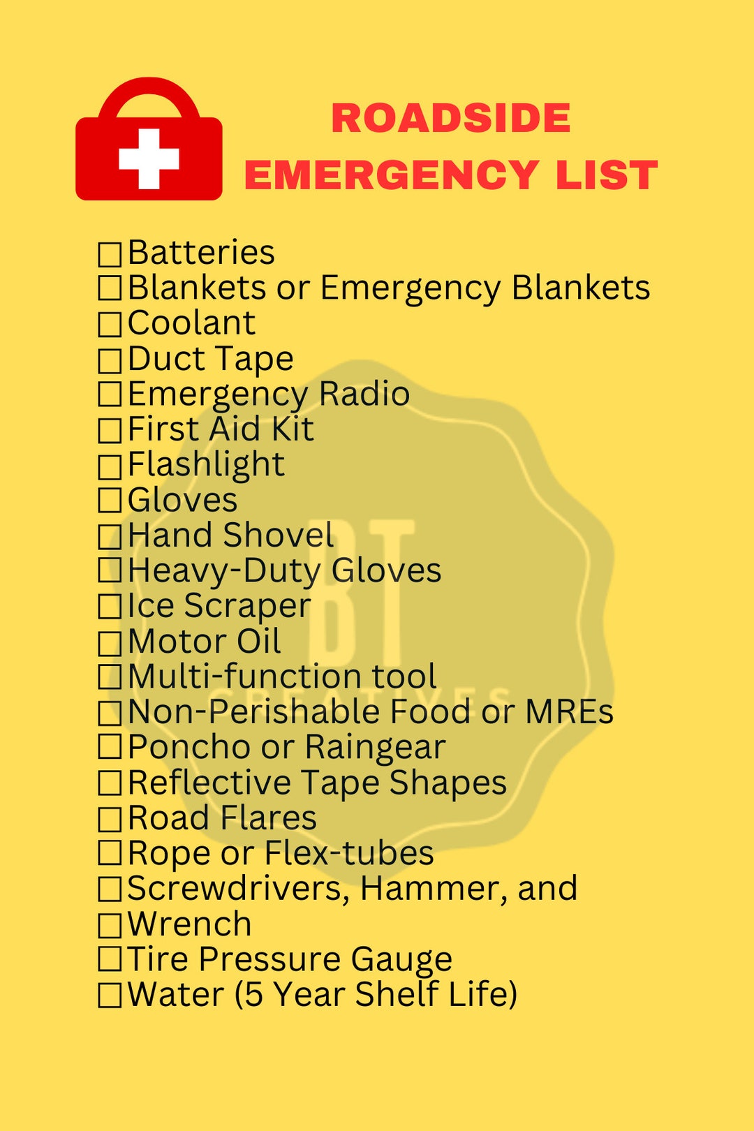 Roadside Emergency Checklist Printable PDF and PNG Etsy
