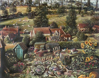 May include: An oil painting of a lush vegetable garden in the foreground with large white daisies, cabbages, and pumpkins. A scarecrow stands among rows of vegetables near a small shed. In the background, a rural landscape features stone cottages.
