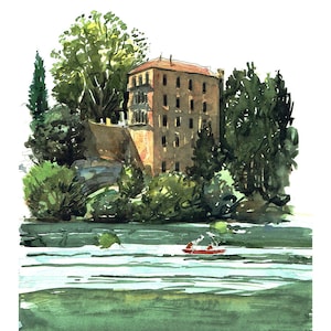 Limited edition print of The Vieux Moulin Hotel, Pont du Gard, Languedoc, France, river, canoe, Restaurant, river, café, canoe, stream,