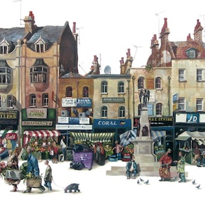 Limited edition print of The whitechapel Road, London, Paintings of London, London paintings, East London, Market, Shops, Shopping,