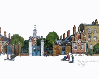 May include: A watercolor painting of a brick building with a clock tower and blue gates. The building has a white trim and a sign that reads "Trinity Almshouses - The Old Lady's" with a signature below. There are people walking in front of the building.